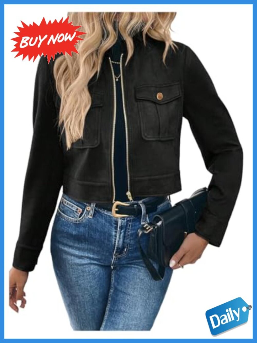 Faux Suede Zip Up Crop Moto Jacket Cargo Pockets